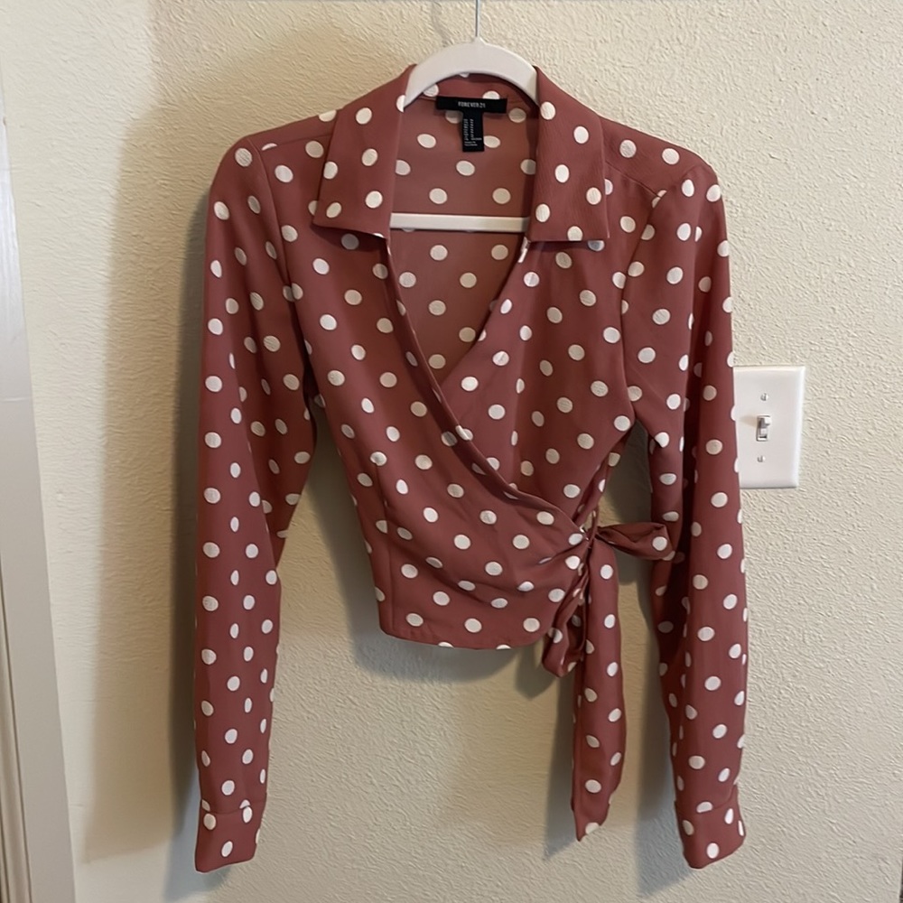 Pink polka dot wrap blouse